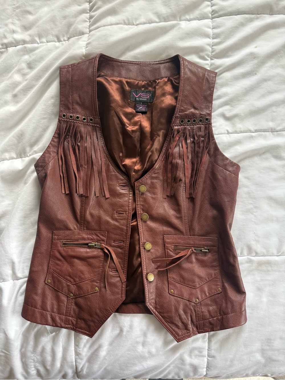 Vintage, Y2K, 100% lamb leather vest with fringe detail & gold hardware
